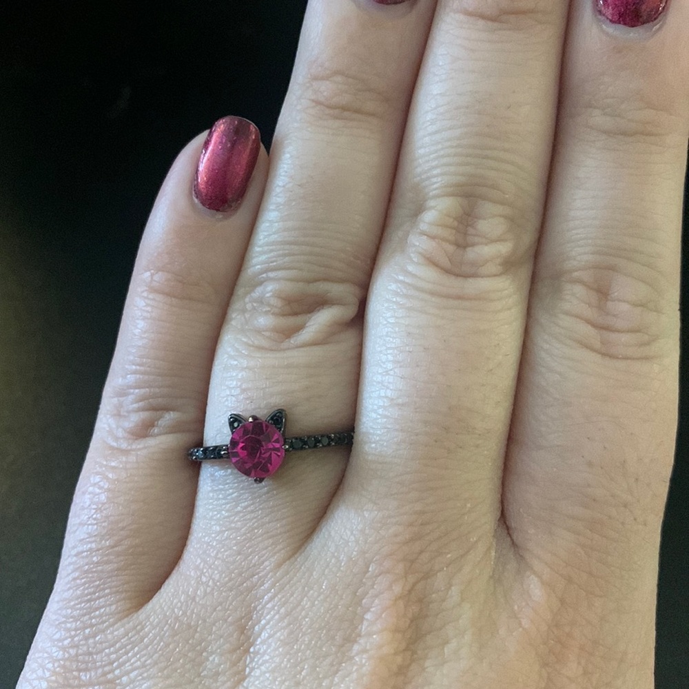 Black Cat Ring w/ Dark Pink Stone